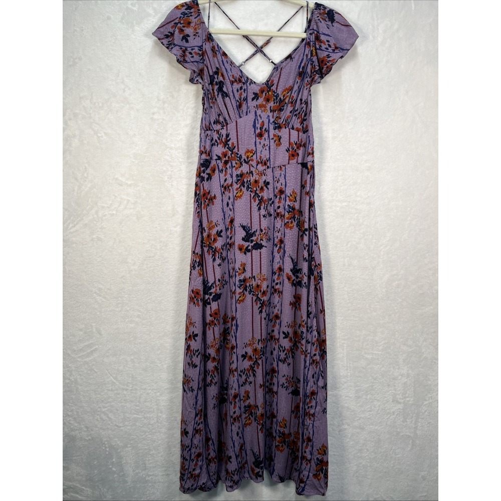 Anthropologie Vneck Cross Back Maxi Dress Petite Womens XSP Floral Ruffle Sleeve